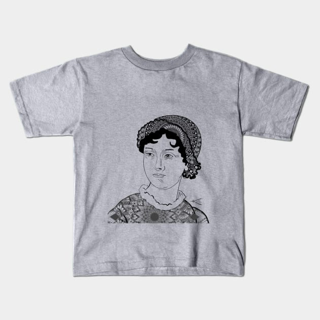 Jane Austen Mandalized Kids T-Shirt by Miss Compass Hands 